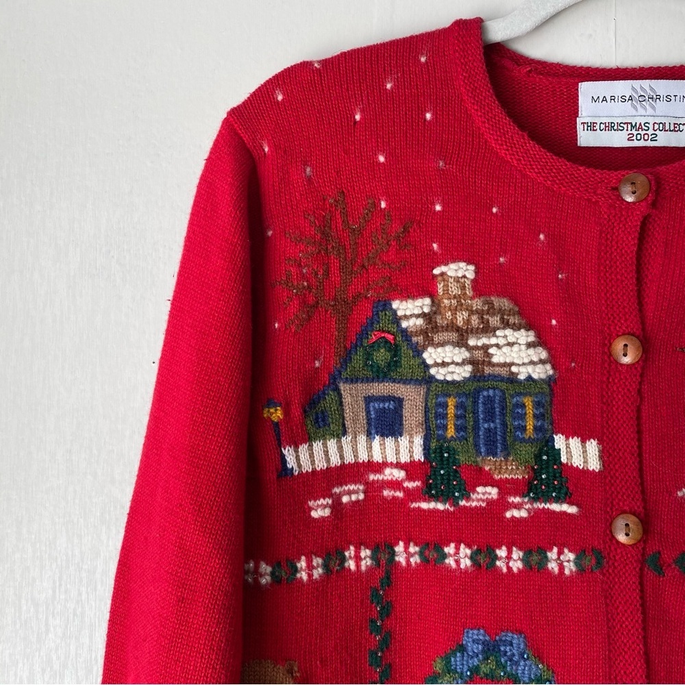 Vintage Y2K Embroidered Christmas Cardigan Knit Sweater Red Large - Picture 3 of 11